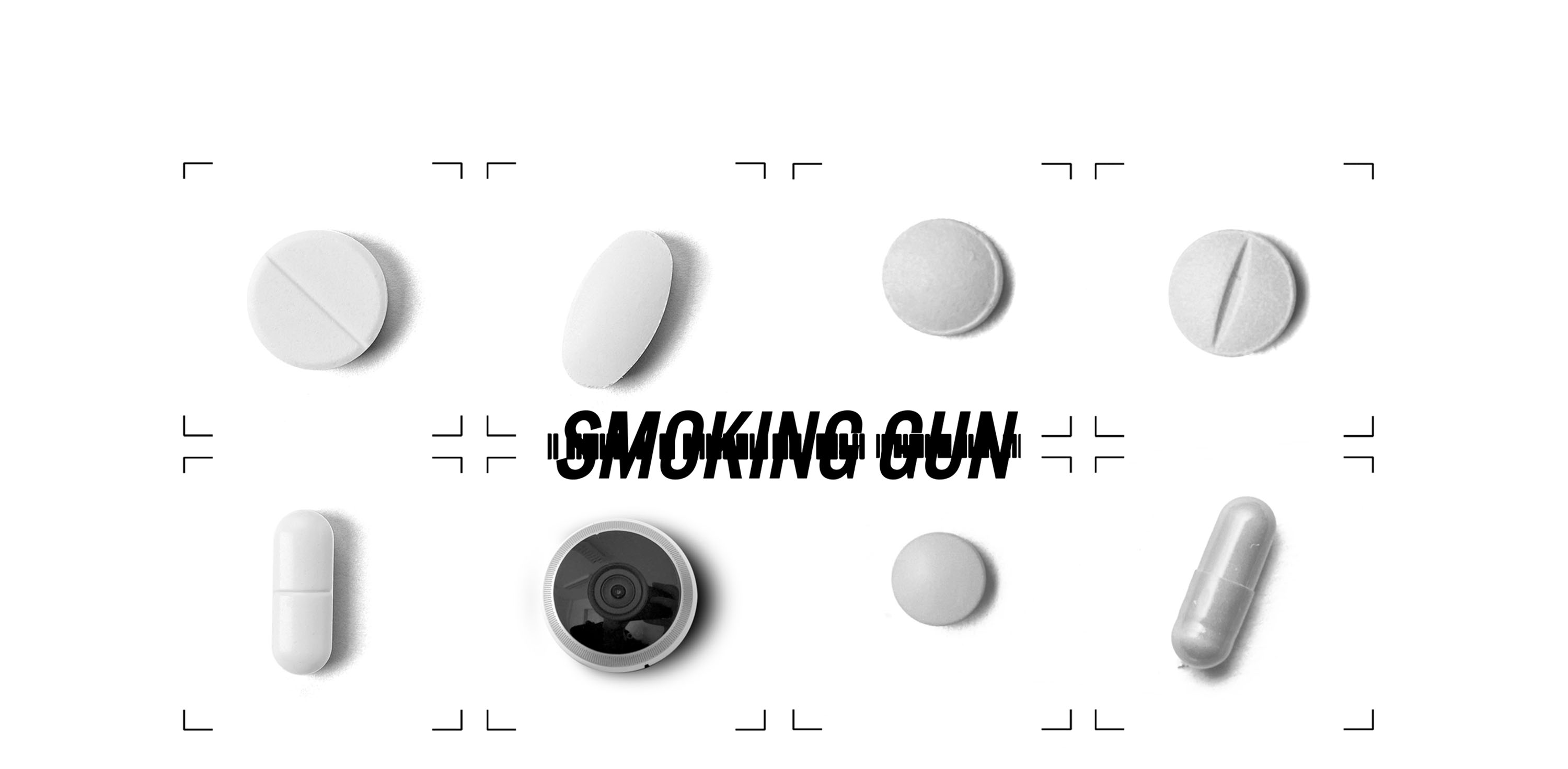 Promotional material for Smoking Gun. Seven white pills lay in a grid, among them a security camera. Overlaid are the words 'Smoking Gun' with a glitchy font