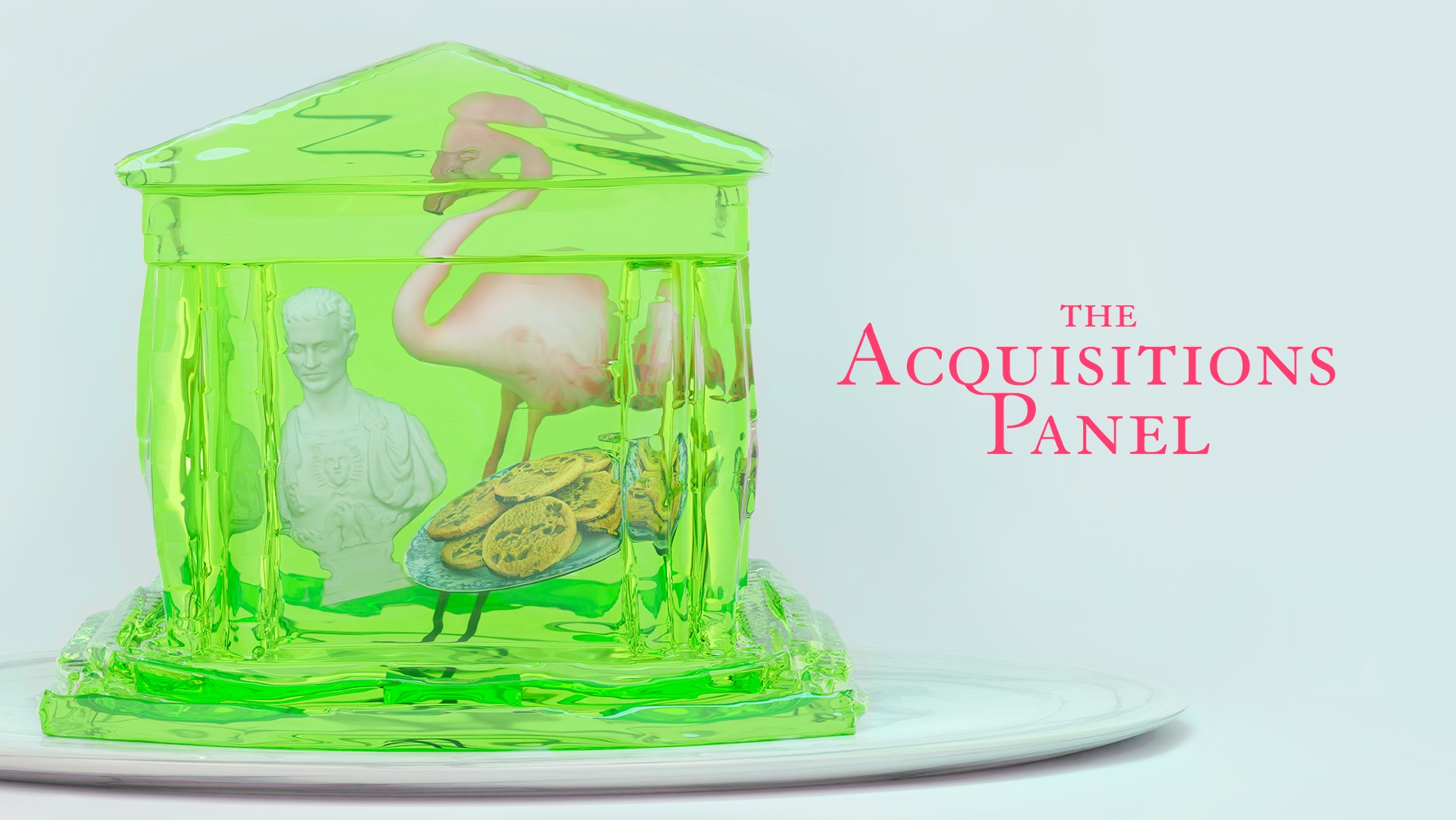 A green jelly on a white plate. The jelly contains a plate of cookies, a flamingo and a marble bust. To the right is the text 'The Acquisitions Panel' in a bold red serif font.