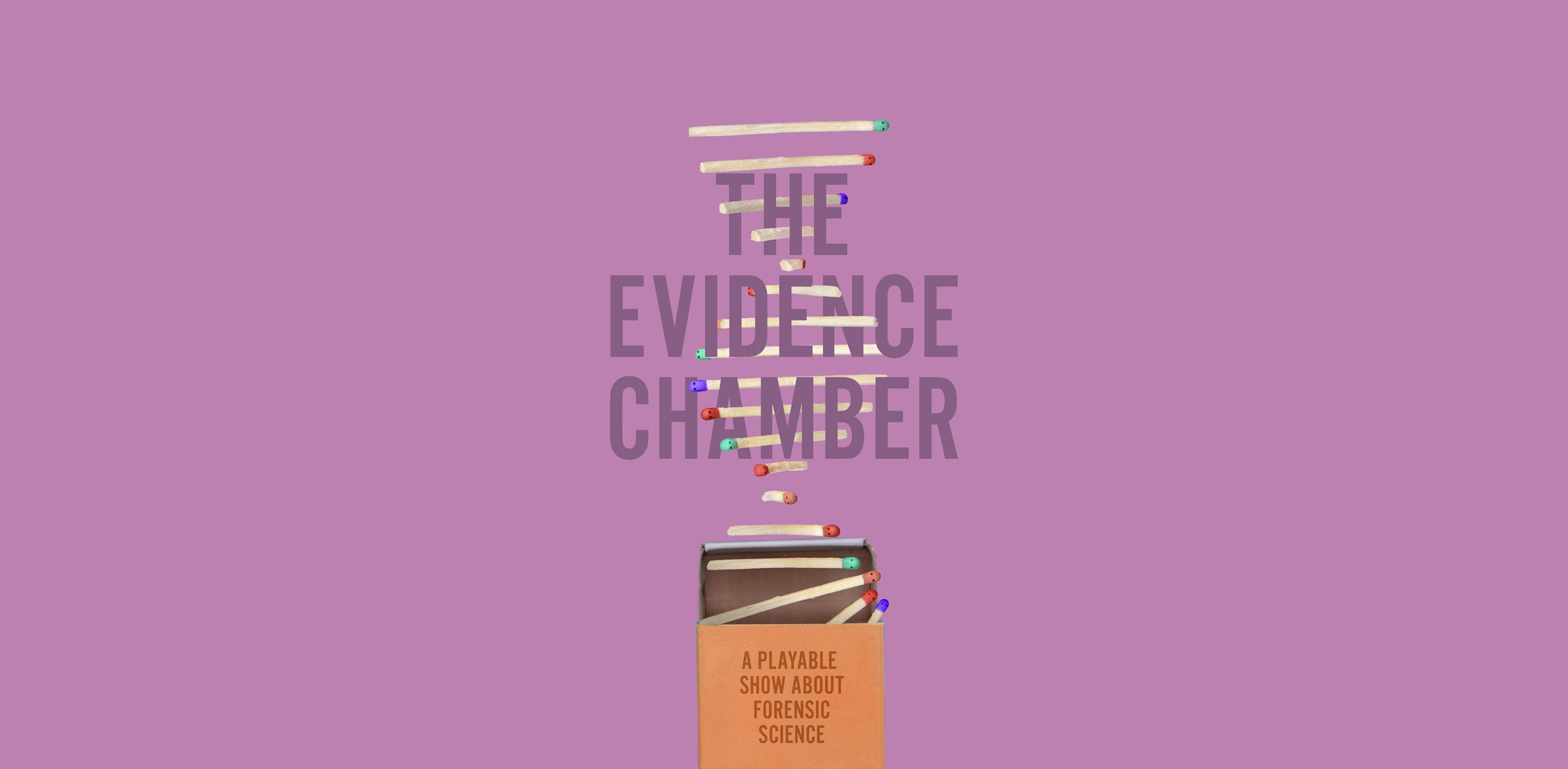 Promotional material for The Evidence Chamber, featuring a partially open matchbox on a purple background with matchsticks spilling out, forming a helix pattern. Each matchstick has eyes on